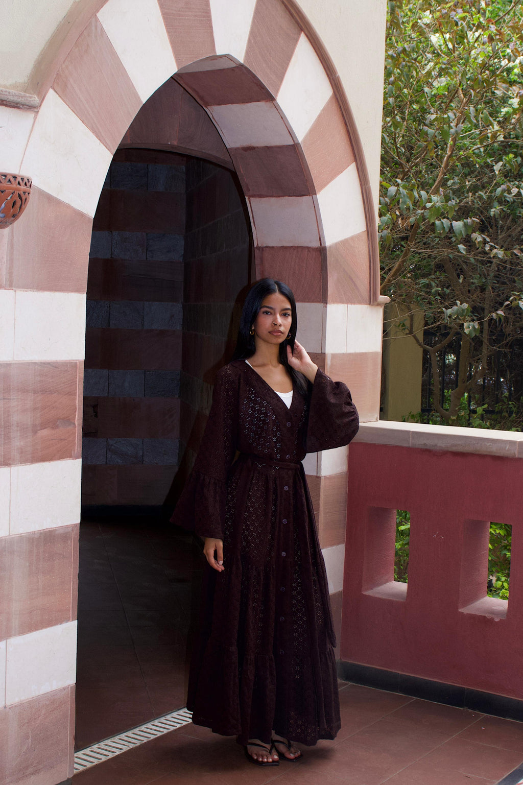 CUTWORK DRESS - BROWN