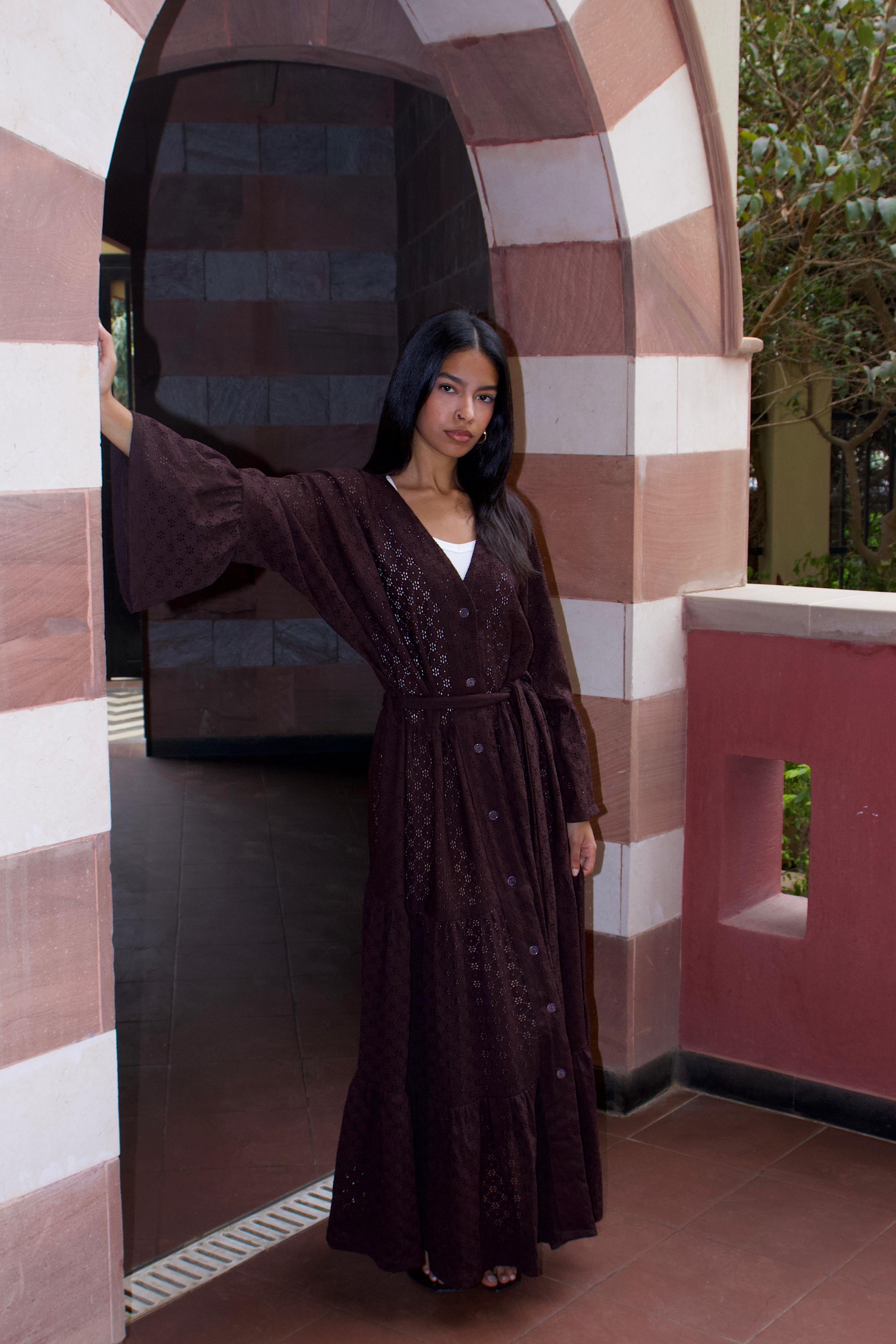 CUTWORK DRESS - BROWN
